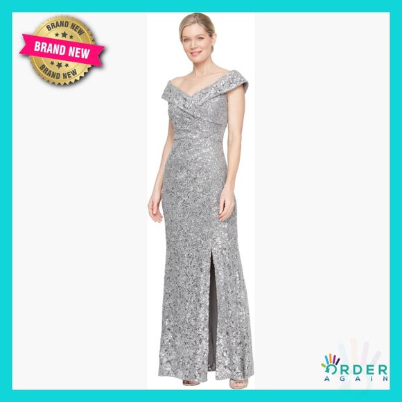 Off Shoulder Fit Flare Dress Elegant Formal Lace Sequined Wedding Guest